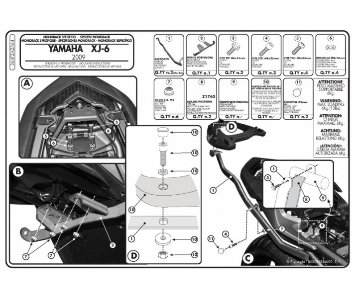 Anclaje Givi Monokey para Yamaha XJ6 Diversion F.600 09 a 13 |364FZ|