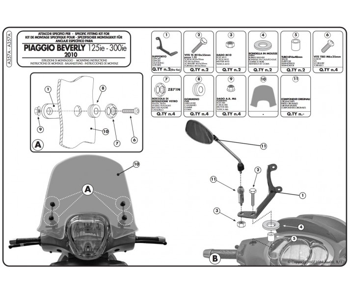 Kit anclajes específico para Cupula Givi Piaggio Beverly 125 - 300 |A357A|